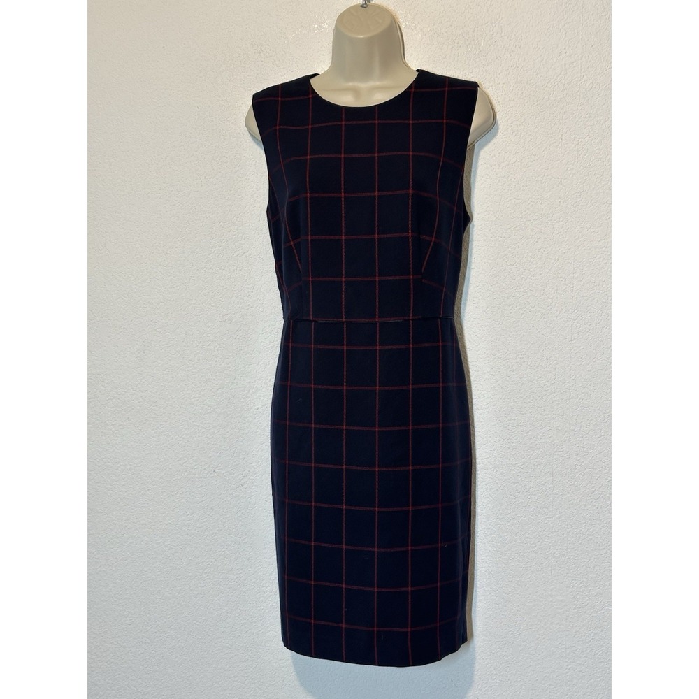 NWT Ann Taylor Petite Sheath Dress Navy Red Windowpane Plaid‎ 12P Career Preppy